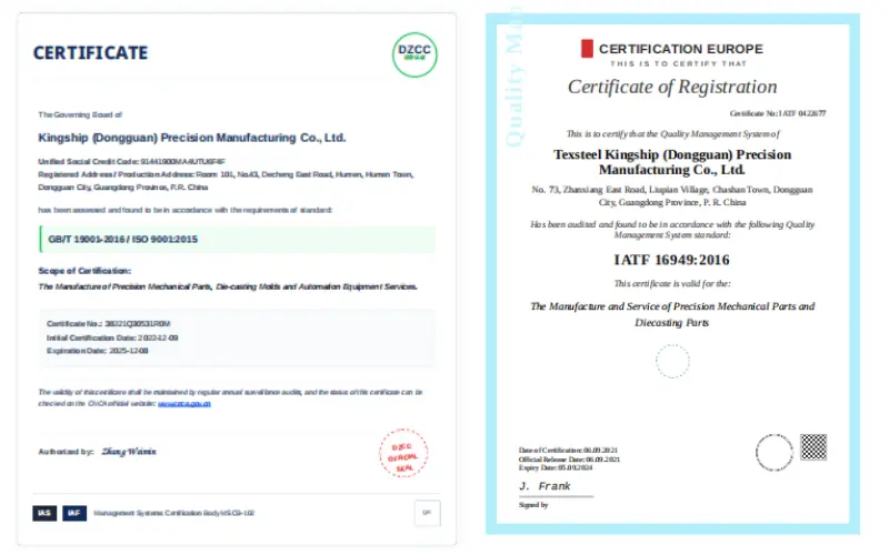 ISO 9001 & IATF 16949 Certified TF1949 ISO 9001 certification for quality management in die casting